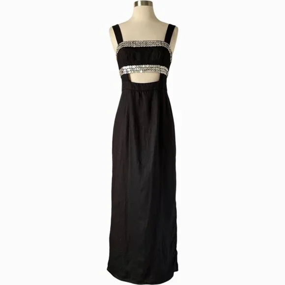 STAUD Mickey Dress 2 Black Linen Sequin Cutout Maxi Dress Evening - Picture 3 of 10